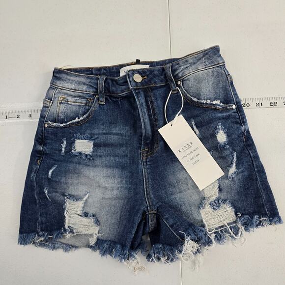 NWT Risen Los Angeles Women's Distressed Denim Cutoff Shorts Dark Frayed Hem M - Picture 1 of 12